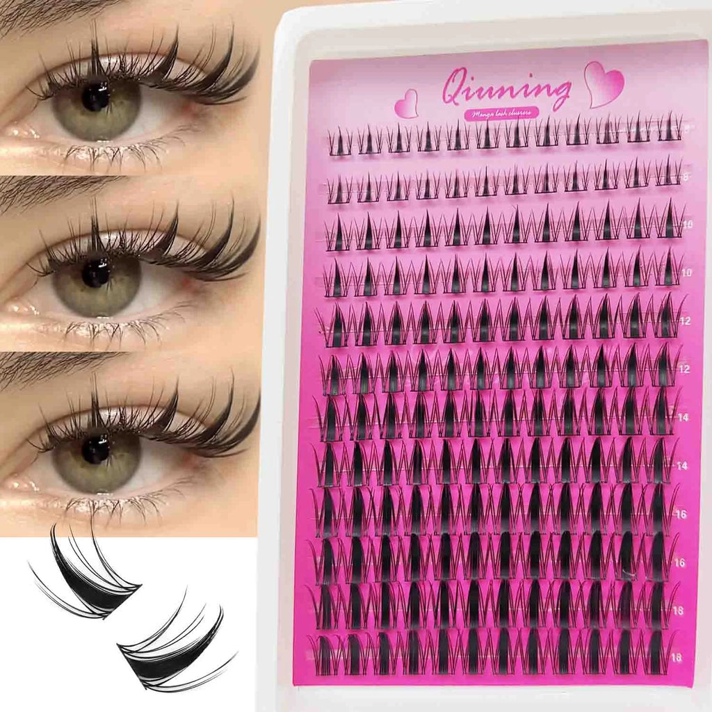 Kit de bouquets de cils type manga QIUNING (cils “cat eye”) avec colle et fixateur pour extensions de cils en grappes, plateau mixte de bouquets de cils.