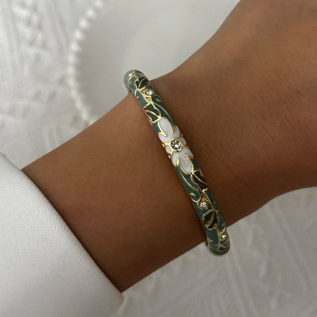 Bracelet élégant en émail goutte d'eau à texture florale pour femme, plaqué or rétro, avec zircon floral et motif œil porte-bonheur, bijou de fête