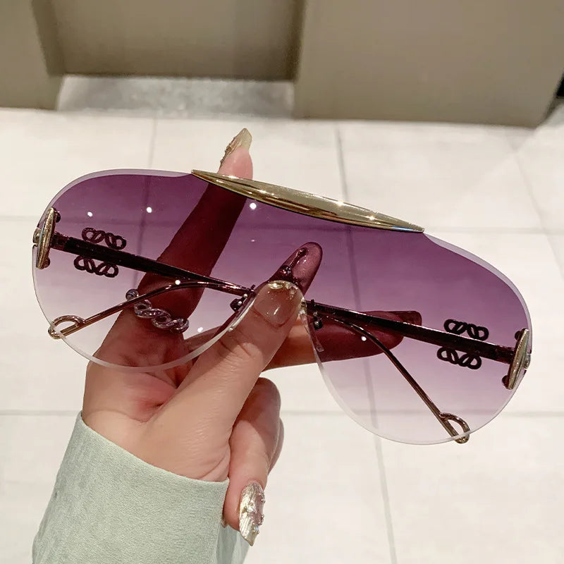 Coupe sans monture surdimensionné une pièce bouclier lunettes de soleil pour femmes mode alliage grand cadre dégradé Y2K lunettes de soleil dames nuances