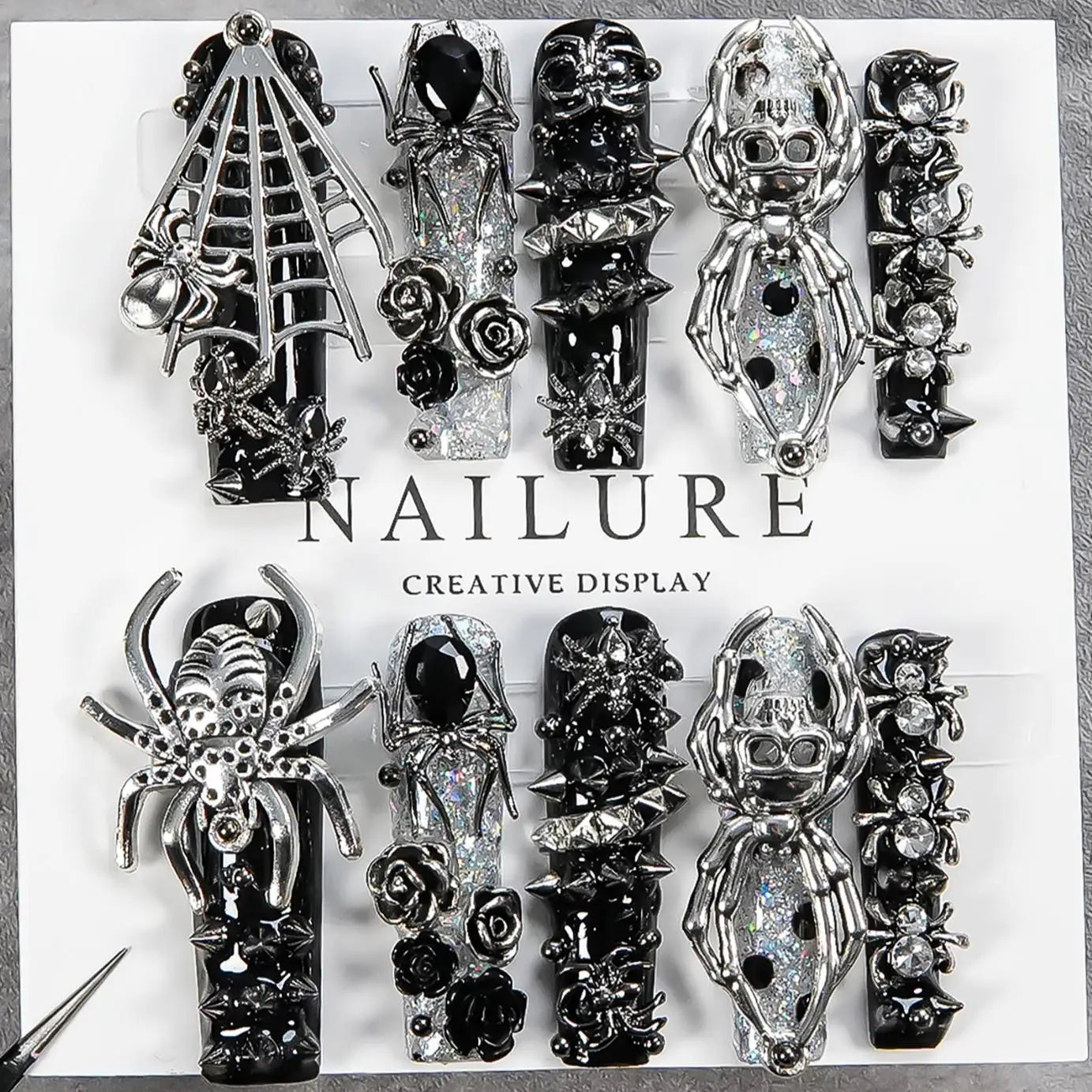 Faux ongles gothiques foncés faits à la main, motif crâne d'araignée, résistants, longs et détachables, style gothique