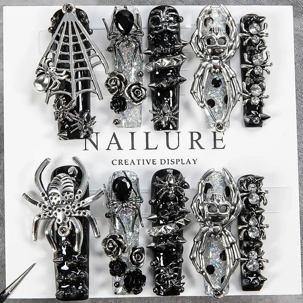 Faux ongles gothiques foncés faits à la main, motif crâne d'araignée, résistants, longs et détachables, style gothique