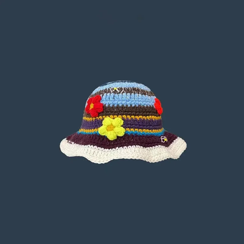 Chapeau seau coréen fait à la main au Crochet pour femmes, tissage tricoté, mode fleurs Y2k, bonnet de bassin, nouvelle collection automne hiver