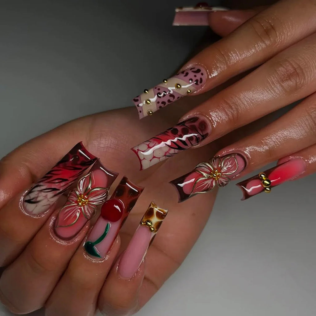 24 faux ongles longs carrés à presser, motif léopard, design cerise 3D, strass, couvrance totale, prêts à poser