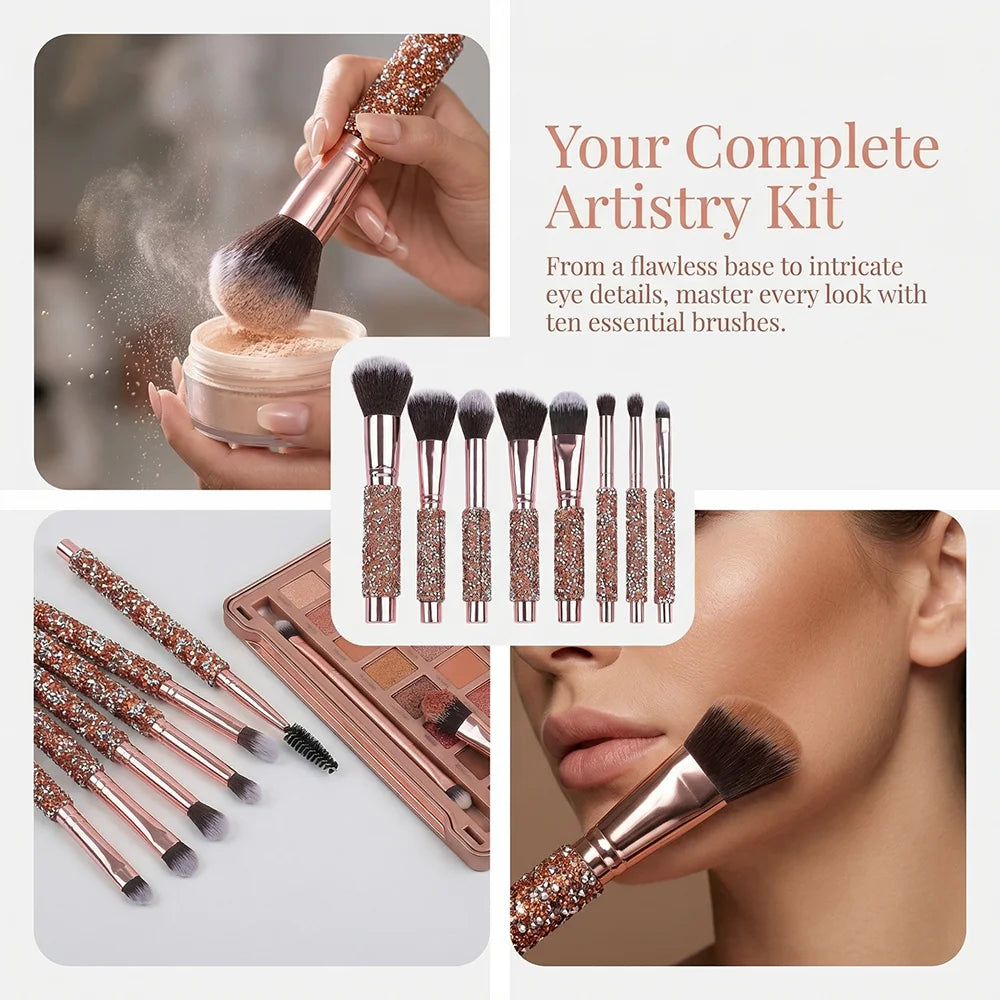 Ensemble de 5/10 pinceaux de maquillage de luxe incrustés de strass avec sac en PU rose gold, outils de beauté portables pour femmes
