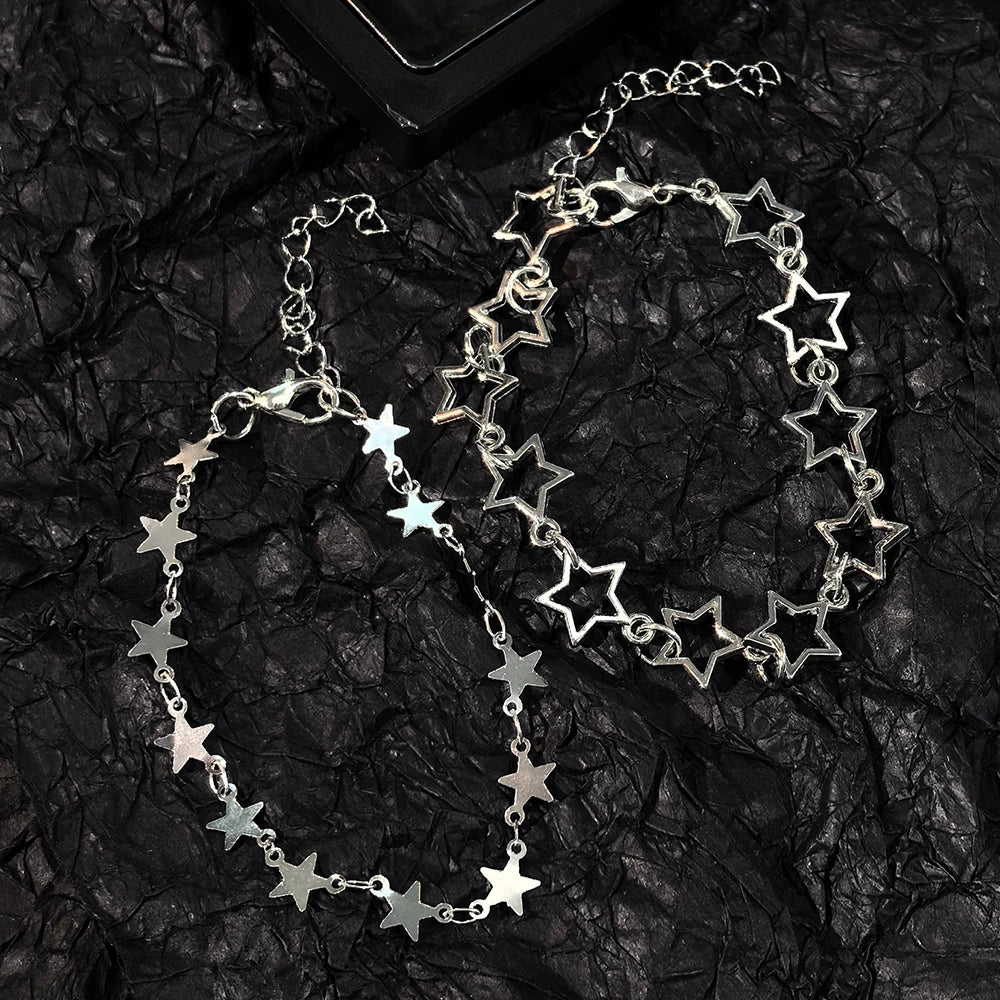 Lot de 2 bracelets Y2K mignons empilables en forme d'étoile, couleur argent, avec chaînes étoiles creuses et solides, pour femme, bijoux esthétique Coquette