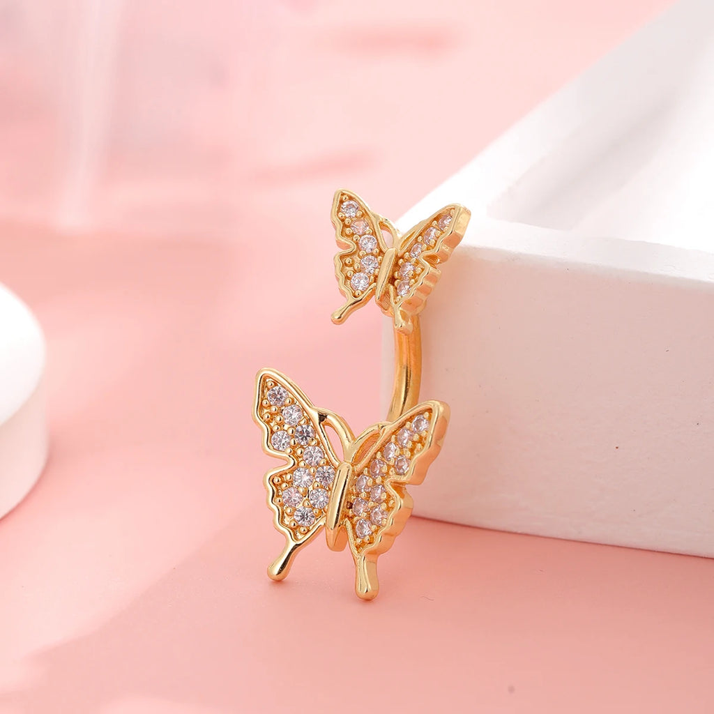 1 pièce Anneau de nombril incurvé en acier inoxydable couleur or avec cristaux CZ, motif papillon abeille, 14G, avec pendentif
