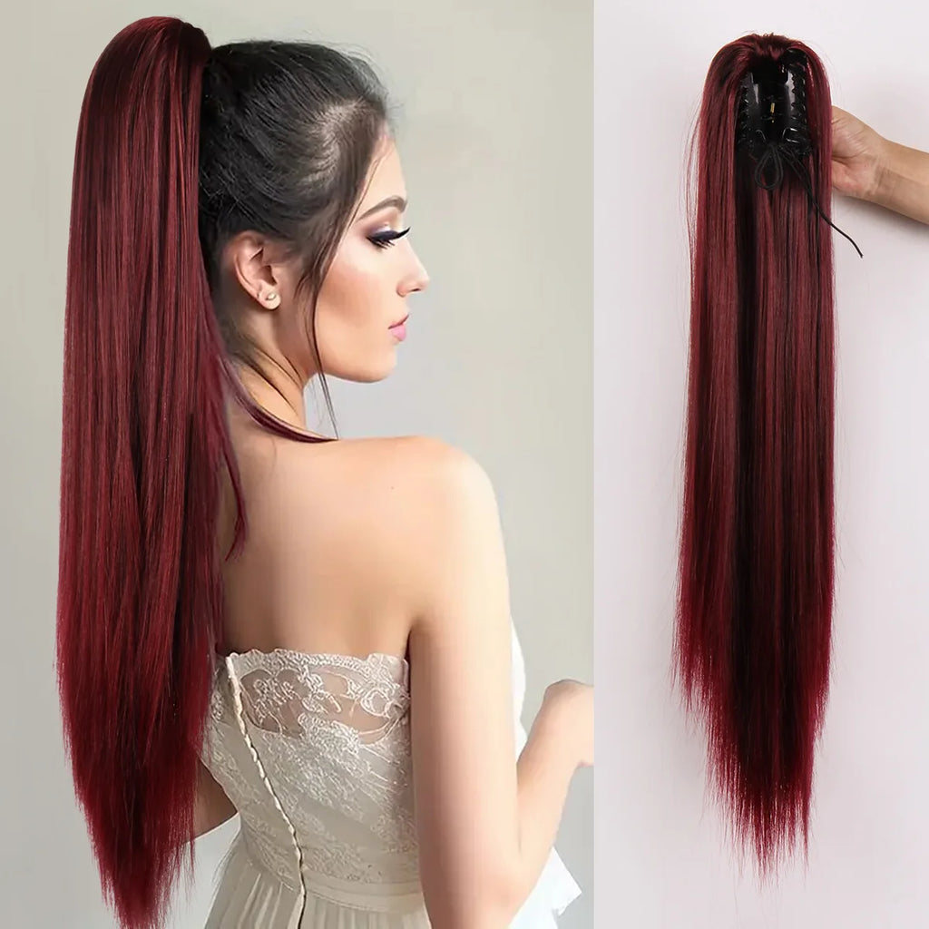 Queue de cheval rouge vin euro-américaine pour femmes, fibre haute température à la mode, tresse queue de cheval droite synthétique à clipser sans couture