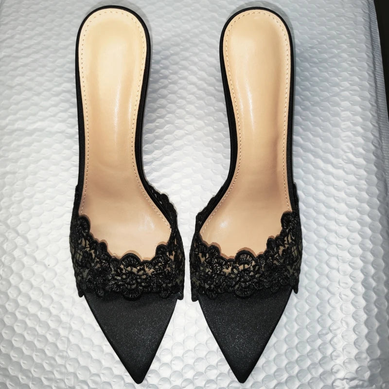 Sandales à talons hauts pour femmes, chaussures brodées en dentelle, mules sexy et confortables, chaussures de banquet, été, nouveau