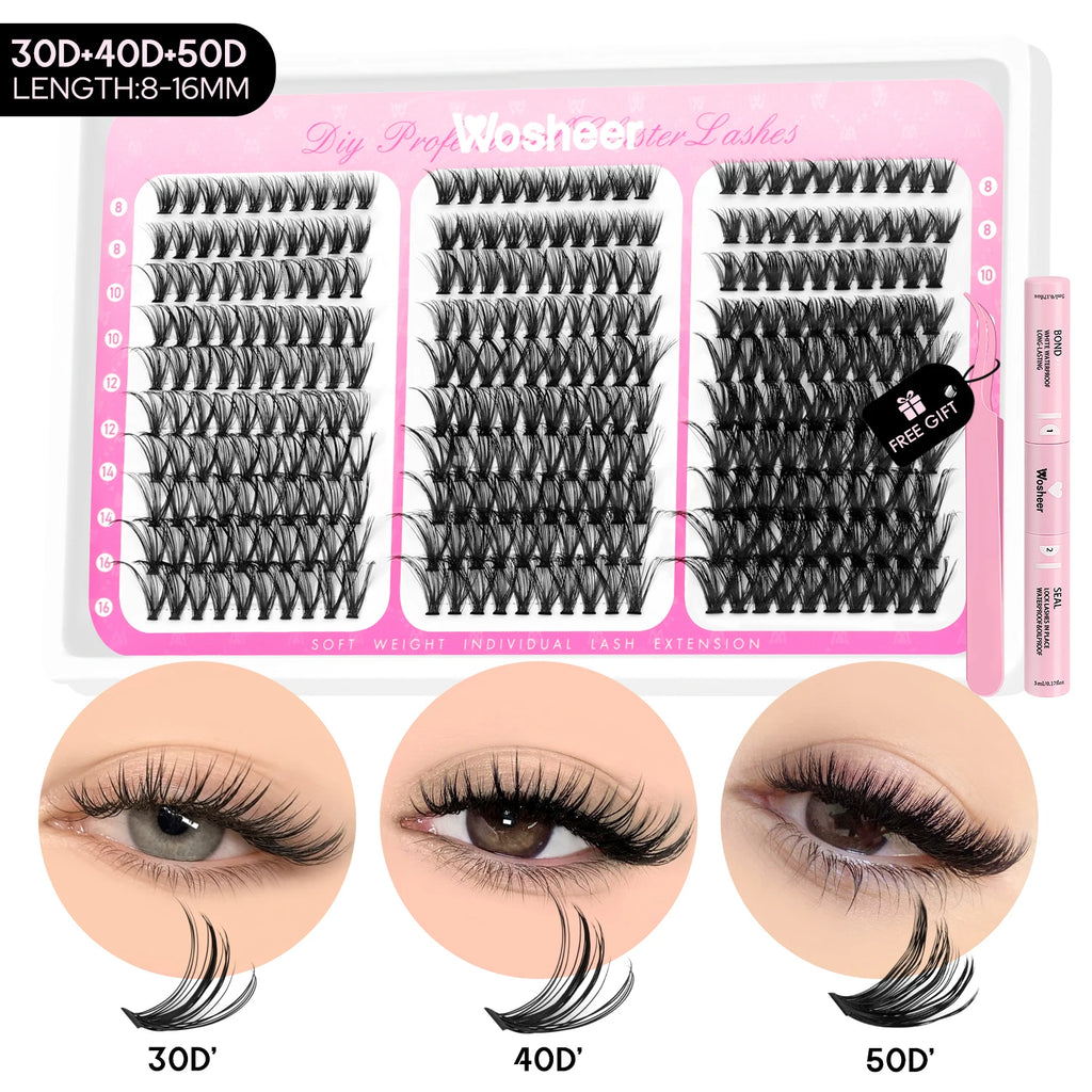 Kit de bouquets de faux cils – Extensions de cils individuelles en bouquets, effet volumineux et léger, plateau de tailles mixtes, avec colle et fixateur pour cils (Lash Bond & Seal) ainsi qu’une pince applicatrice incluse.