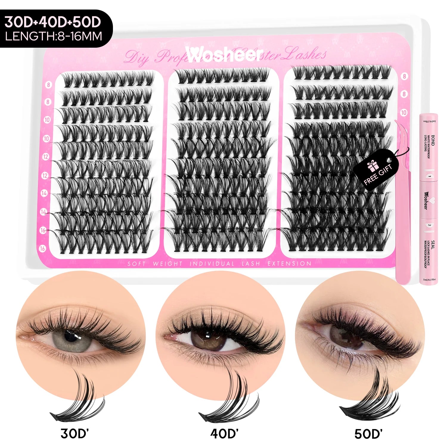 Kit de bouquets de faux cils – Extensions de cils individuelles en bouquets, effet volumineux et léger, plateau de tailles mixtes, avec colle et fixateur pour cils (Lash Bond & Seal) ainsi qu’une pince applicatrice incluse.