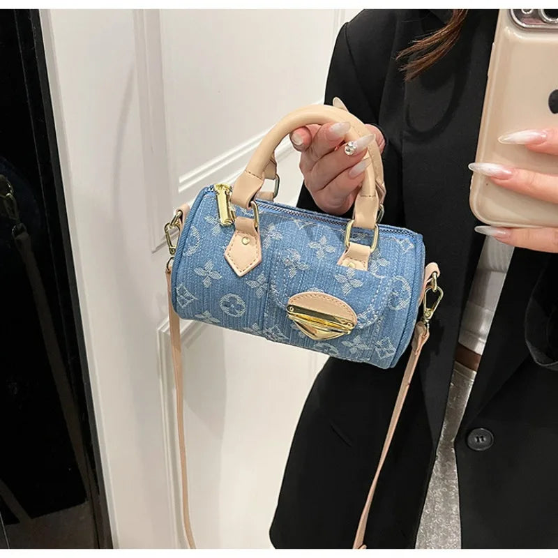 Sacs en jean tendance pour femmes, sacs bandoulière élégants et polyvalents, sacs à main cylindriques ronds à la mode