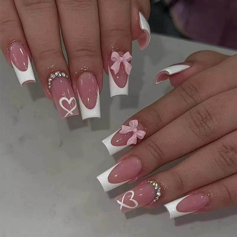 24 pièces doux oeil de chat français presse sur ongles diamant pointu tridimensionnel nœud papillon portable ongles pour femmes et fille amande ongles