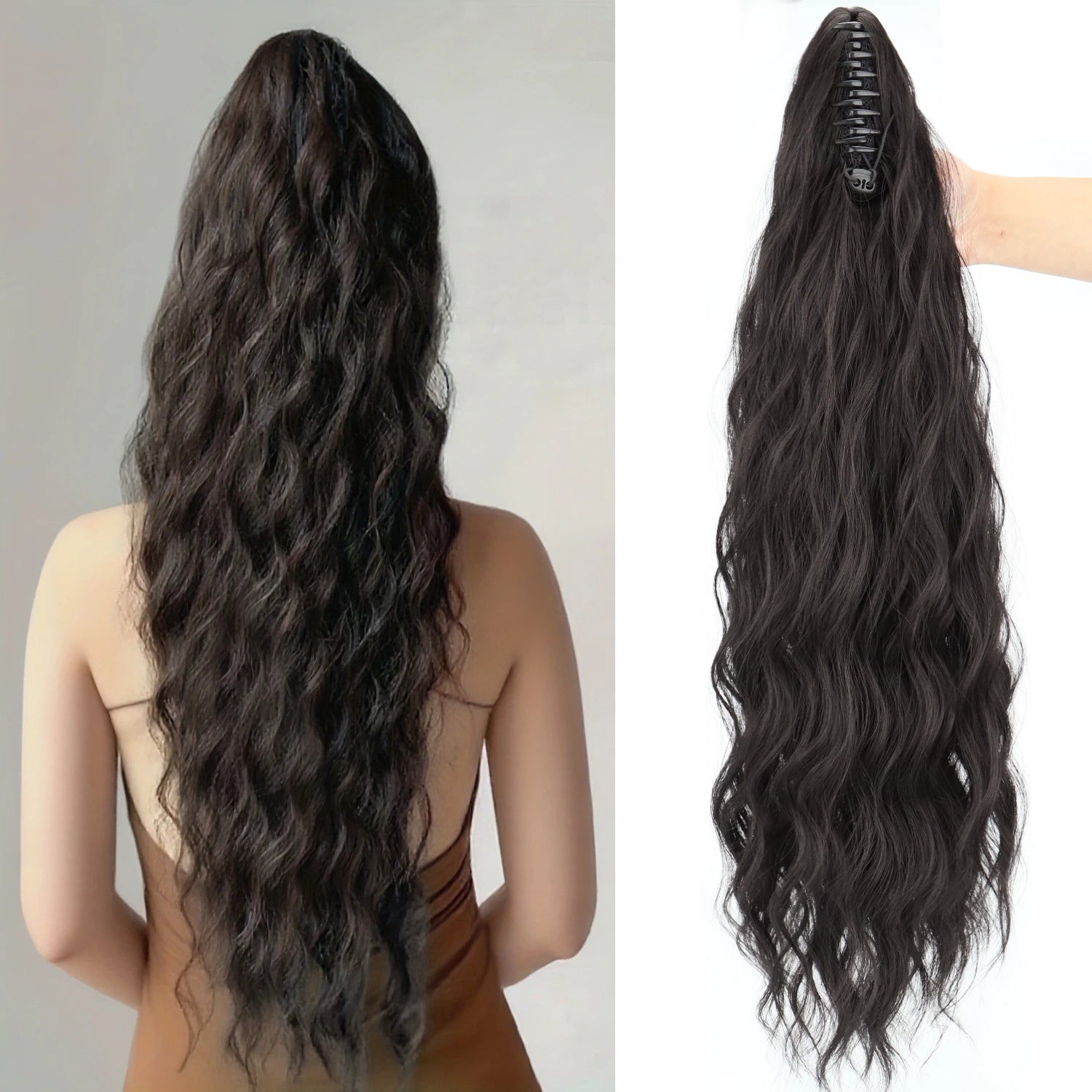Queue de cheval synthétique ondulée effet Water Wave à pince, noire ou blonde, en fibre résistante à la chaleur, volumineuse et légèrement décoiffée, extension de cheveux pour femmes.