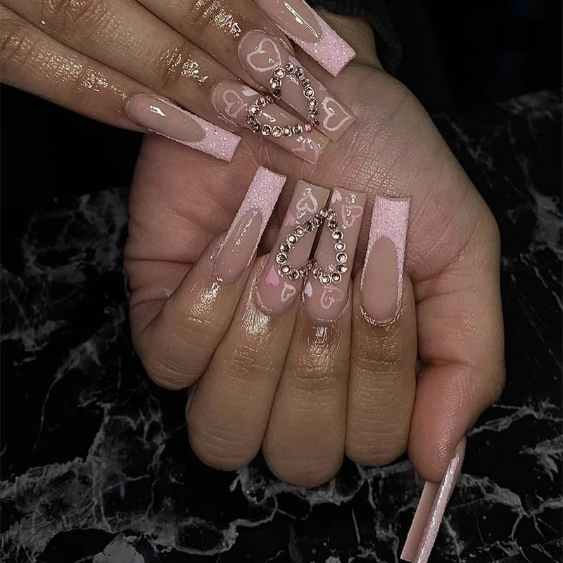 24 pièces – faux ongles longs carrés style français, design cœur 3D, ongles press-on avec strass, motif décoratif, faux ongles portables pour nail art