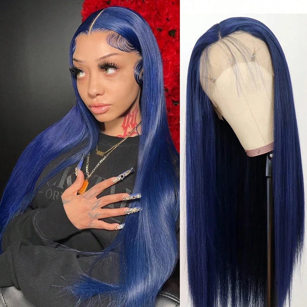 Perruque longue bleue lisse 26 pouces, densité 180 %, lace front profonde naturelle, synthétique, pré-épilée, sans colle, idéale pour un usage quotidien