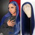 Perruque longue bleue lisse 26 pouces, densité 180 %, lace front profonde naturelle, synthétique, pré-épilée, sans colle, idéale pour un usage quotidien