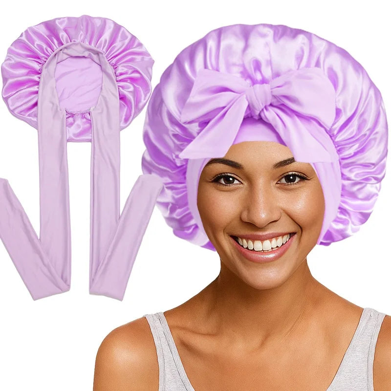 Nouveau bonnet de nuit en satin uni avec bande élastique extensible à nouer pour femmes, bonnet de douche ajustable, bonnet/turban pour couvrir les cheveux.