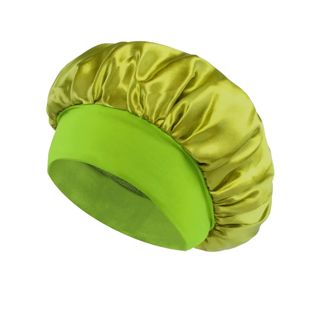 Bonnet en Satin pour femmes, pour dormir, soins capillaires, Bonnets en soie, solide, à larges bords, avec bande élastique souple