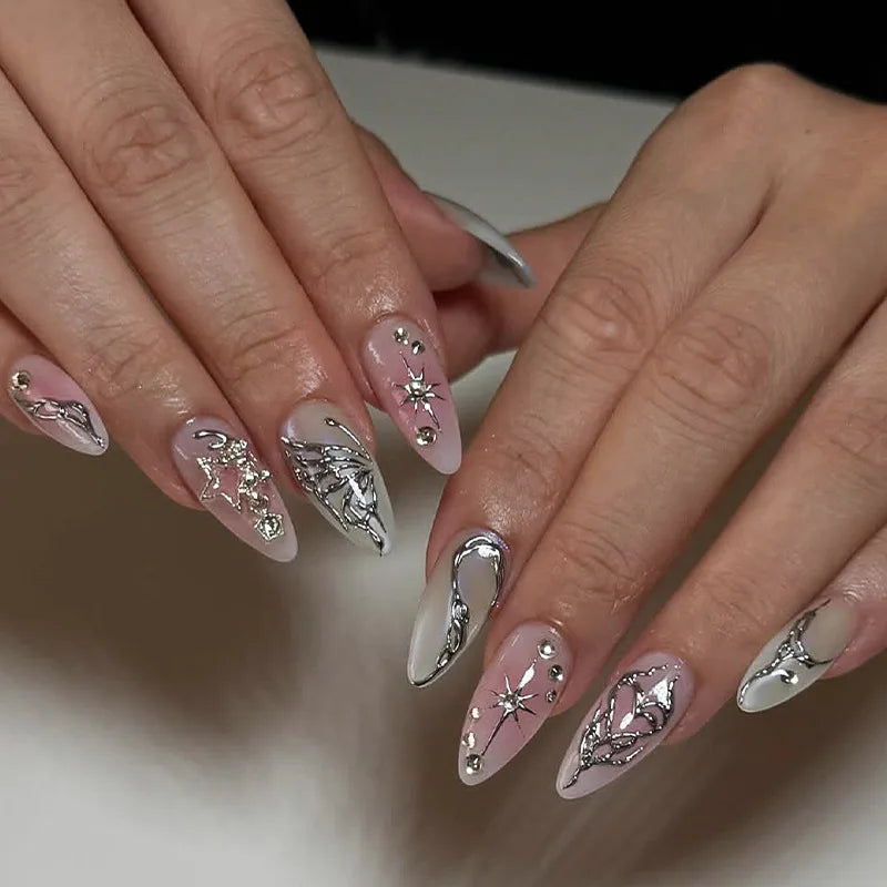 24 pièces mi-long doré amande ongles ensemble presse sur 3D fleur dégradé rose couverture complète faux ongles conseils perle réutilisable faux ongles