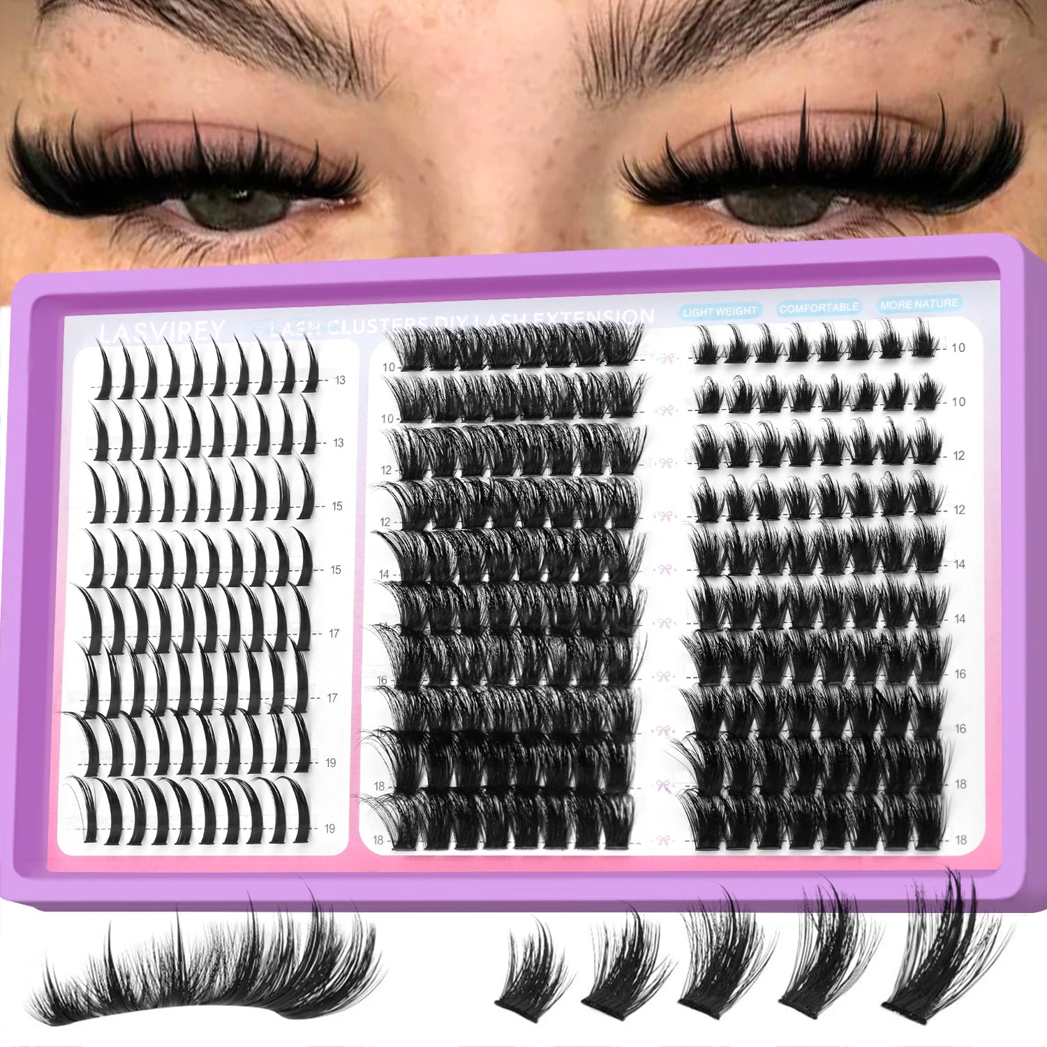 LASVIREY – Grappes de faux cils DIY effet volume et hérissé, styles variés, cils individuels légers et duveteux pour une extension de cils personnalisée.