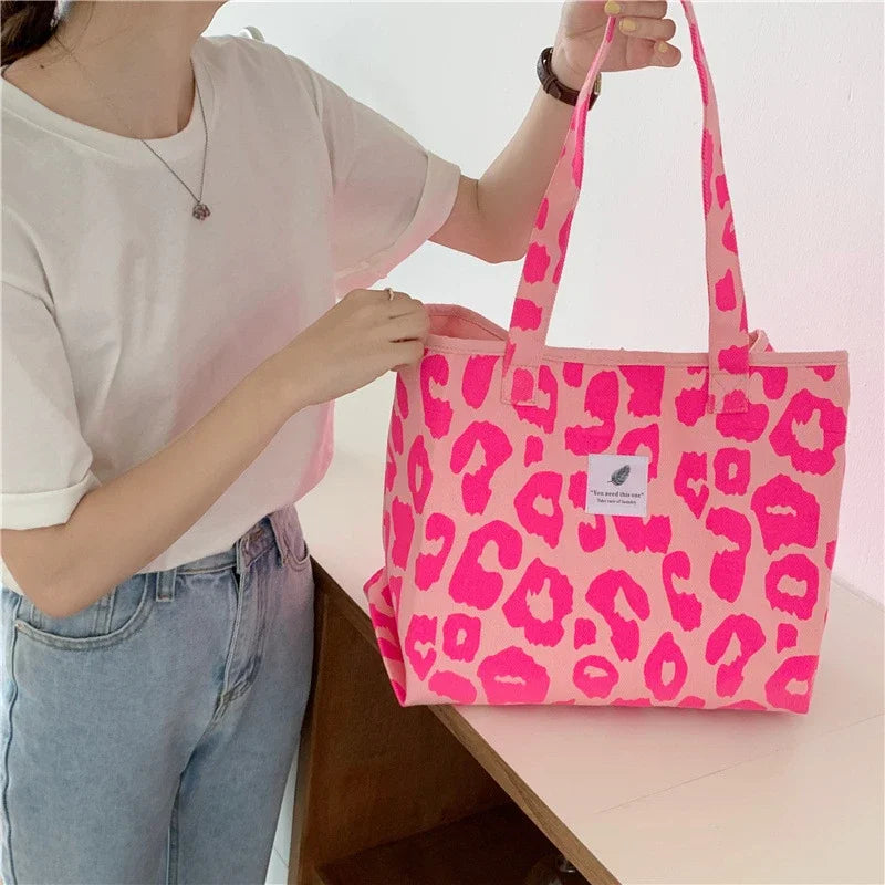 Sac à main imprimé léopard rose pour femme, grande capacité, sac à provisions portable, sac de livre étudiant, fourre-tout unique initié, nouvelle mode