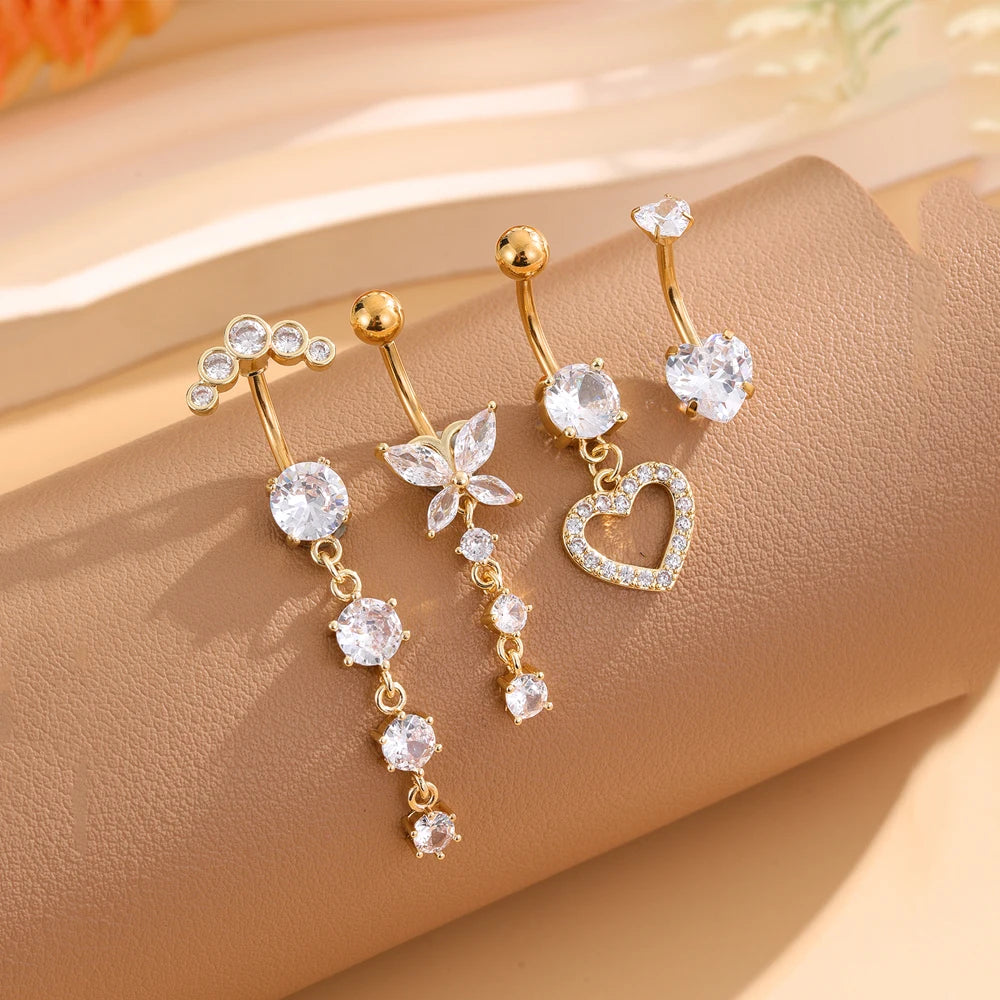3-5 pièces ensembles de styles mixtes coeur fleur balancent nombril anneaux en acier inoxydable papillon incurvé Zircon ventre Piercing nombril anneau