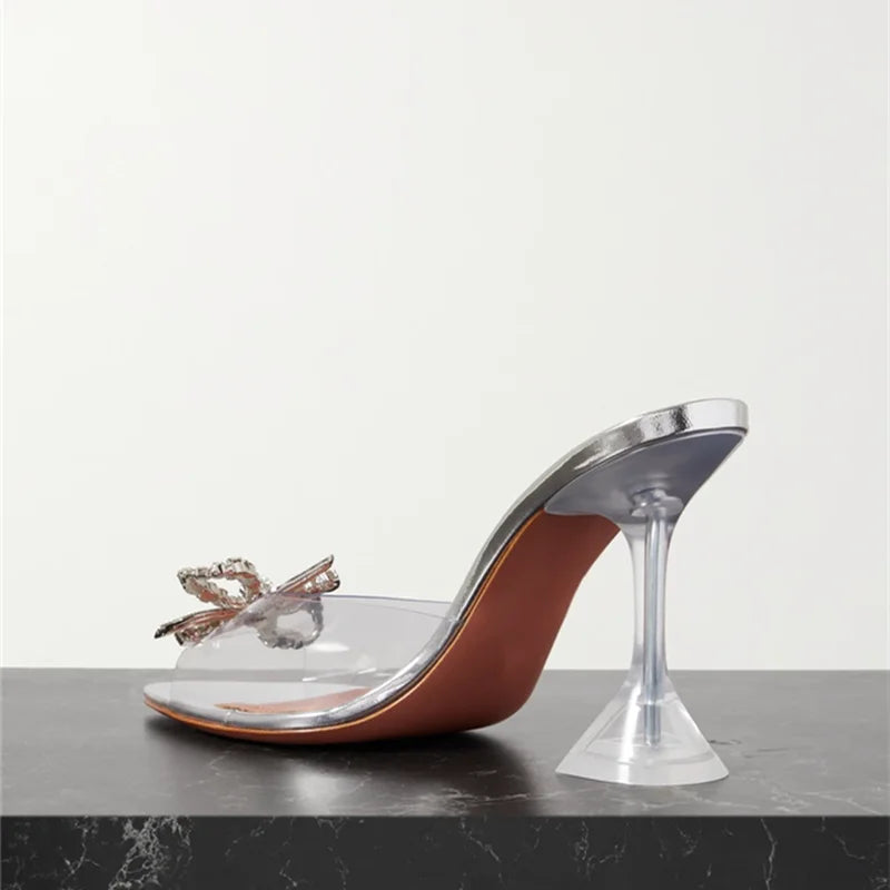 Grande taille 35-45, mules transparentes en PVC avec strass et nœud, élégantes sandales à talons hauts pour femmes, chaussures d’été tendance, sandales et mules à enfiler.