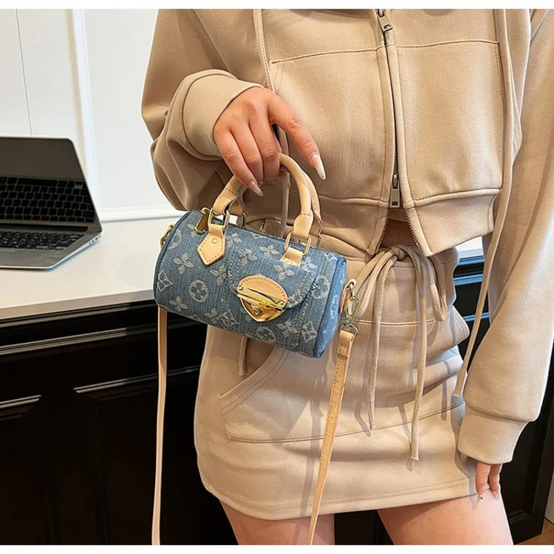 Sacs en jean tendance pour femmes, sacs bandoulière élégants et polyvalents, sacs à main cylindriques ronds à la mode