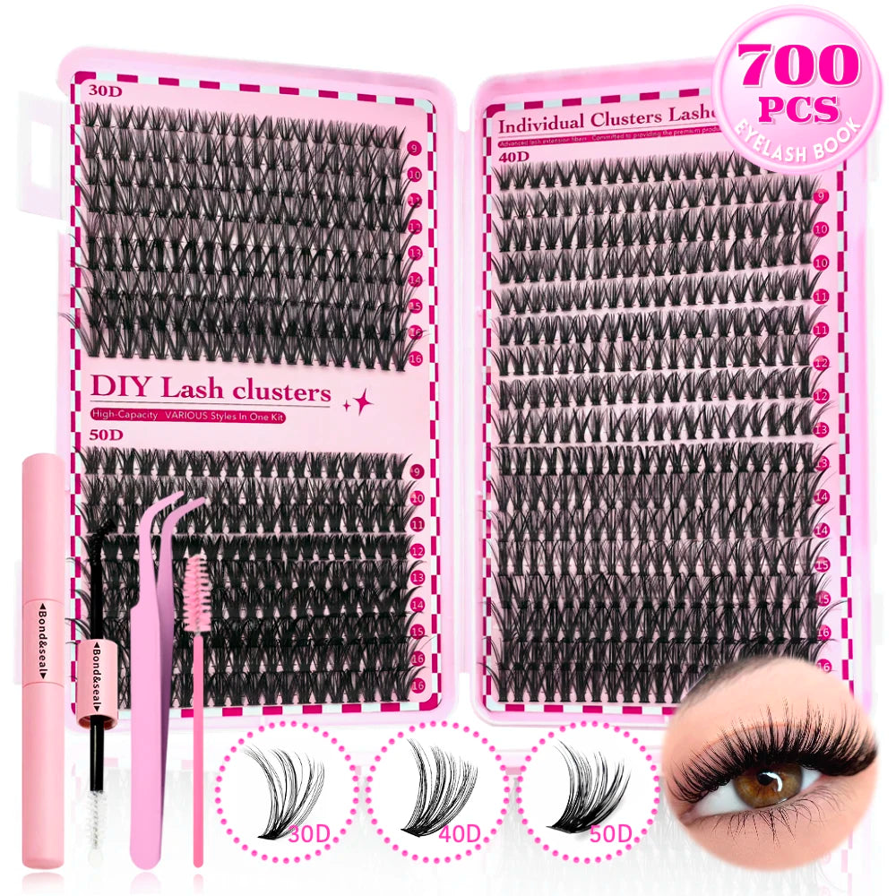 Kit d’extensions de cils DIY 700 pièces – Bouquets de cils 30D, 40D, 50D et 80D avec longueurs mixtes de 9 à 16 mm. Courbure D pour un regard plus ouvert et élégant.