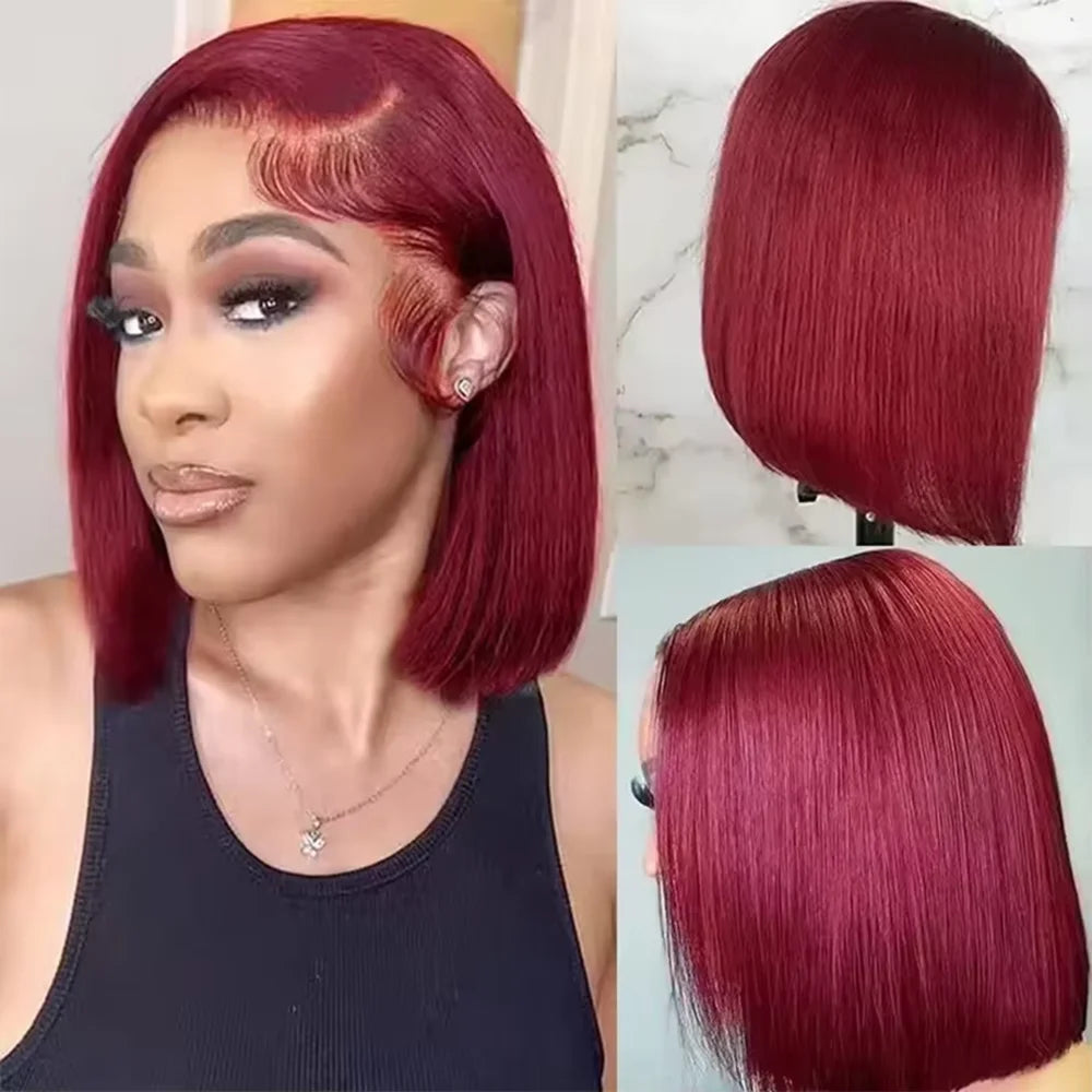 Perruques bob droites bordeaux 99J, prêtes à porter, sans colle, perruques en cheveux humains avec dentelle frontale 13x4, pré-coupées, sans colle, pour femmes, couleur rouge