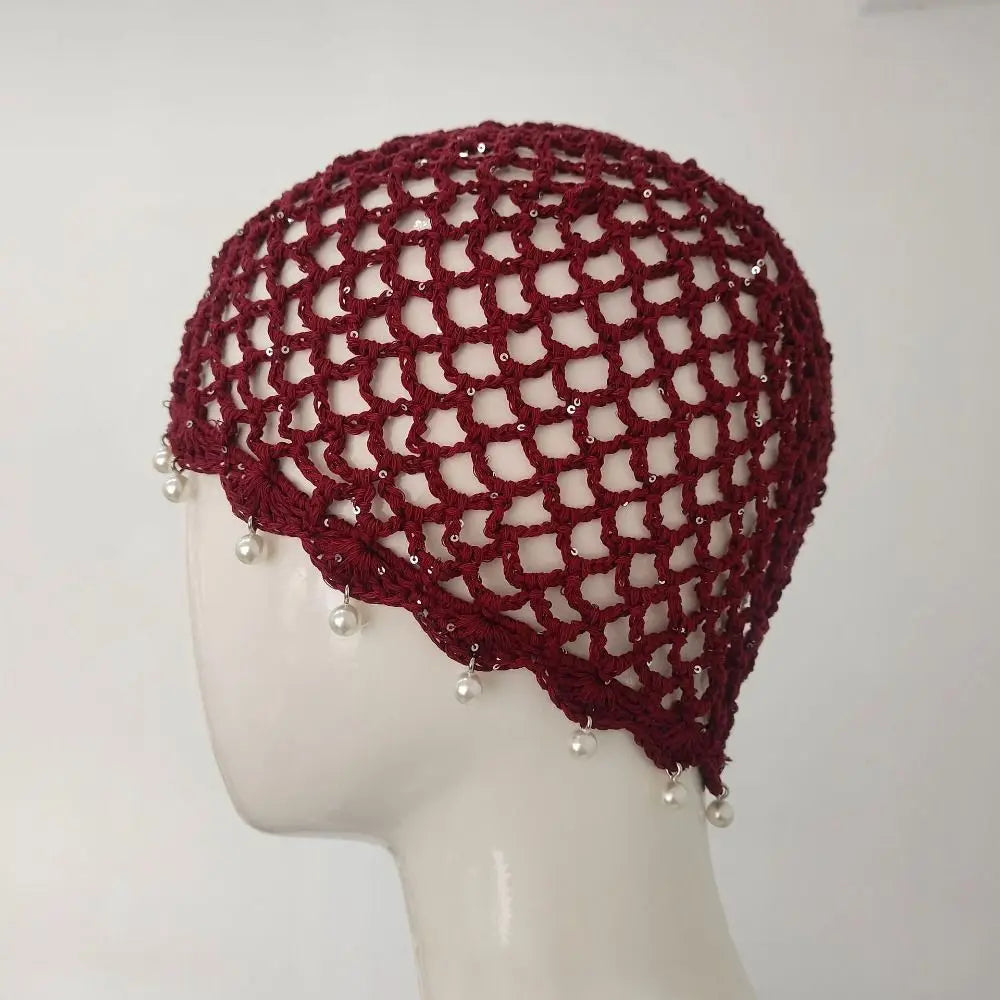 Bonnet en crochet ajouré tressé respirant avec perles et franges, style rétro, pour femme, été