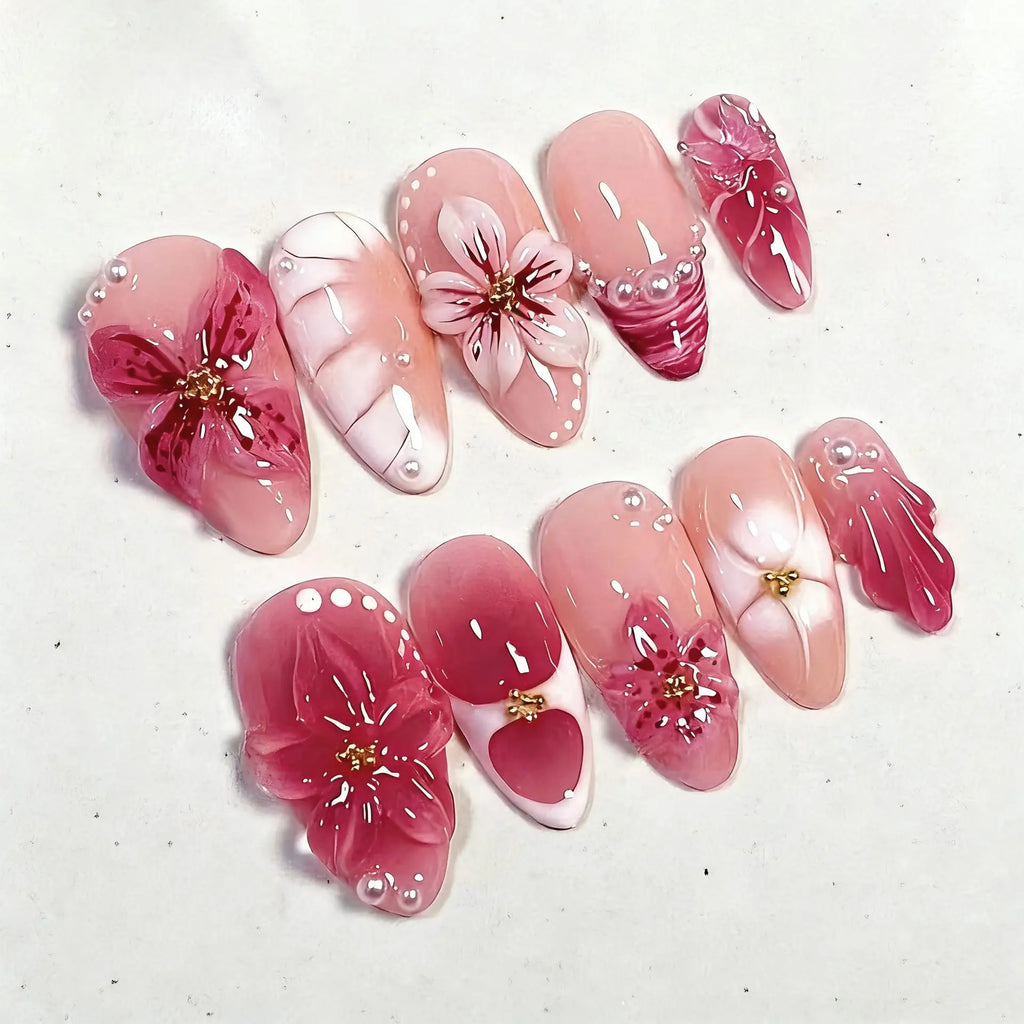 24 pièces mi-long doré amande ongles ensemble presse sur 3D fleur dégradé rose couverture complète faux ongles conseils perle réutilisable faux ongles