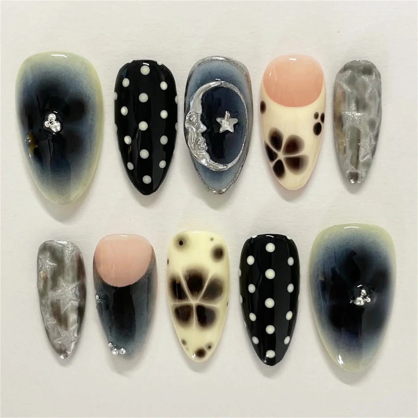 24 pièces de faux ongles à fleurs, style tendance, avec effet dégradé jaune et rose. Ongles portables à couverture complète, forme amande , à poser directement (Press-On Nails).