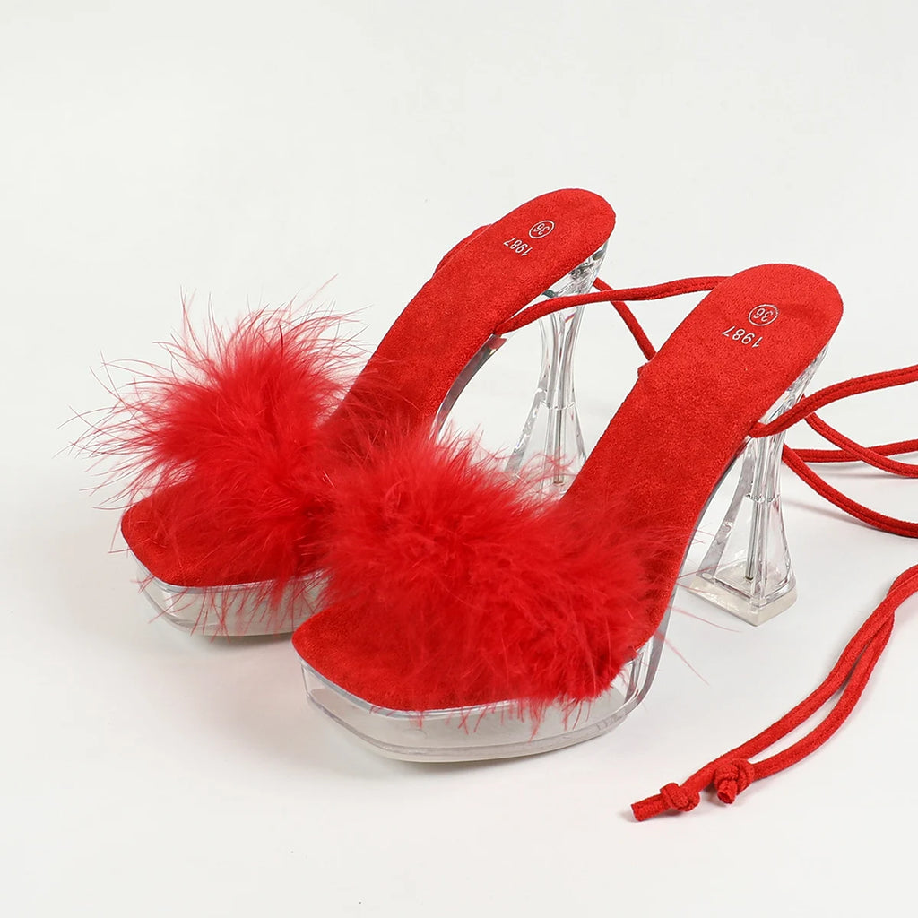 Nouvelles sandales d’été pour femmes en fourrure, à lacets autour de la cheville, talons hauts pour soirée (12 cm), modèles transparents avec cristaux, chaussures grandes tailles pour femmes, talons à bout carré.