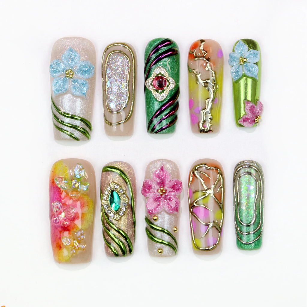 10 pièces 30mm 3D belle manucure faite à la main presse sur les ongles, faux fleurs peintes à la main en acrylique