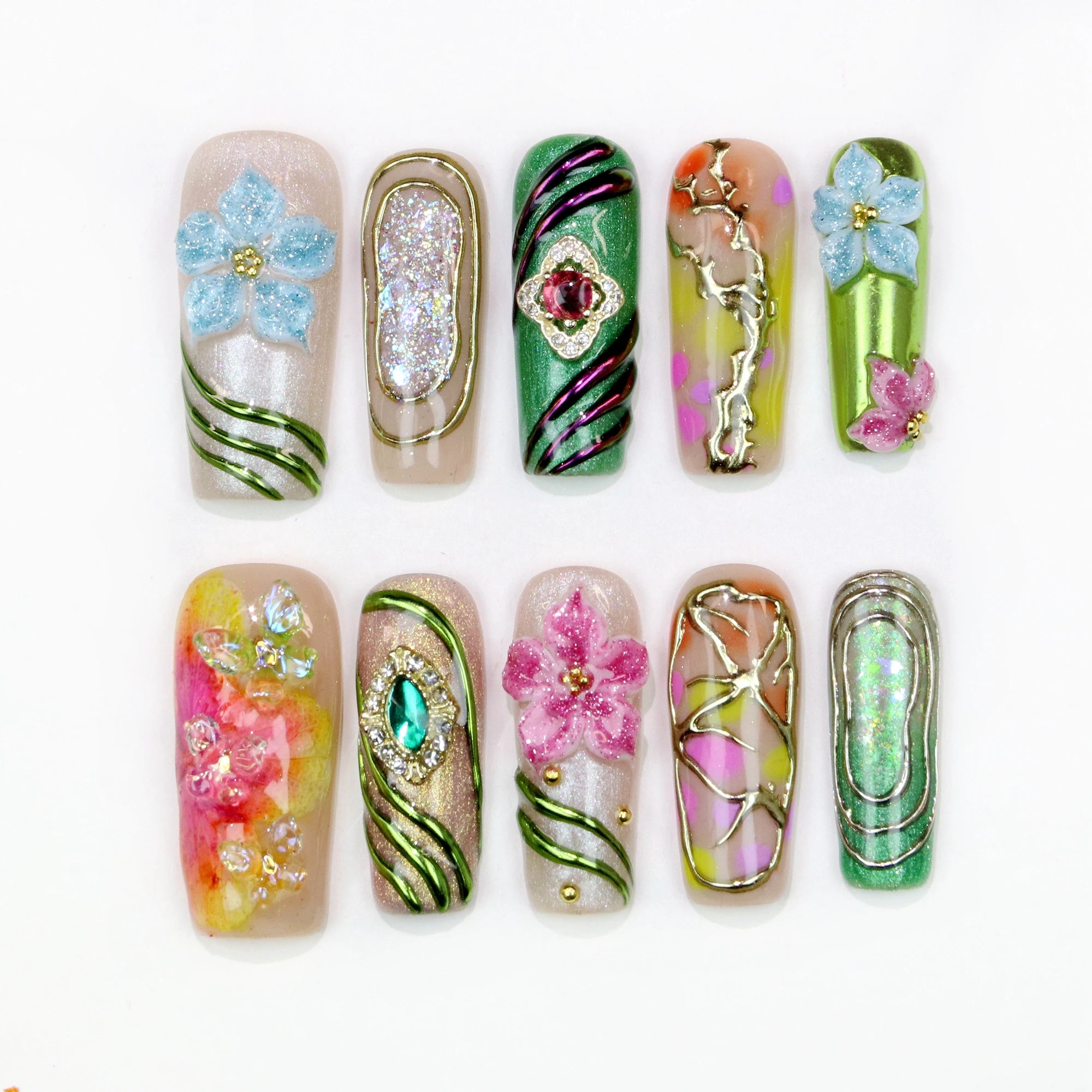 10 pièces 30mm 3D belle manucure faite à la main presse sur les ongles, faux fleurs peintes à la main en acrylique