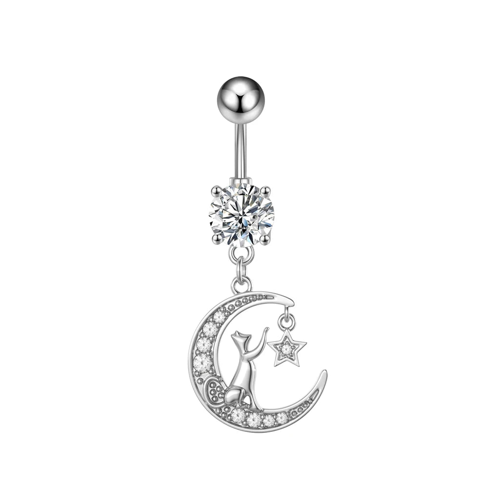 1 pièce Anneau de nombril incurvé en acier inoxydable couleur or avec cristaux CZ, motif papillon abeille, 14G, avec pendentif