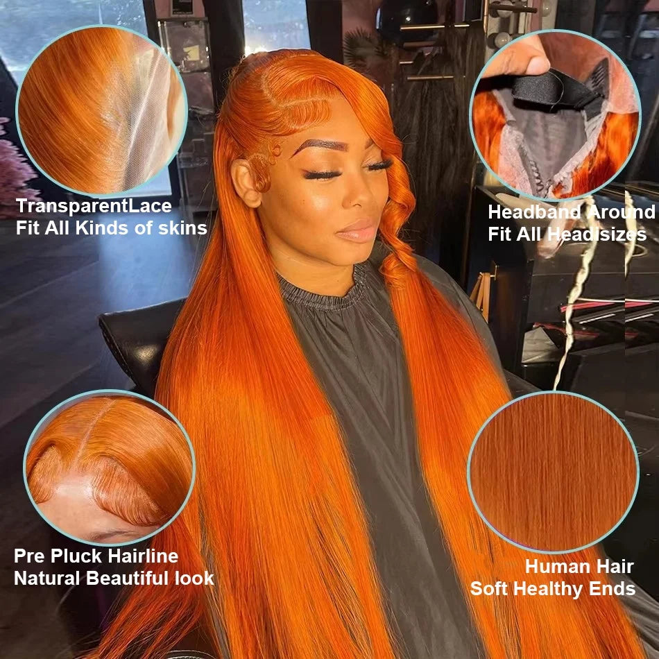Perruque Lisse Orange Gingembre de 30 Pouces, Cheveux Humains Péruviens Colorés 350, Lace Frontale HD Transparente 13x6 13x4 pour Femmes