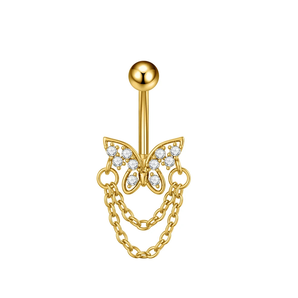 1 pièce Anneau de nombril incurvé en acier inoxydable couleur or avec cristaux CZ, motif papillon abeille, 14G, avec pendentif