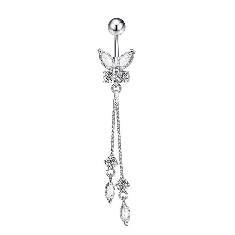 Piercing de nombril à filetage interne en titane – Bijou de nombril avec barre de piercing et pendentif décoratif. Orné d’une longue chaîne avec nœud, fleur ou papillon suspendu pour un look élégant et féminin.
