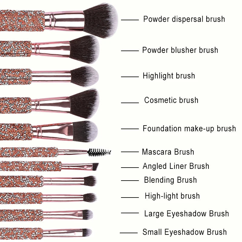 Ensemble de 5/10 pinceaux de maquillage de luxe incrustés de strass avec sac en PU rose gold, outils de beauté portables pour femmes