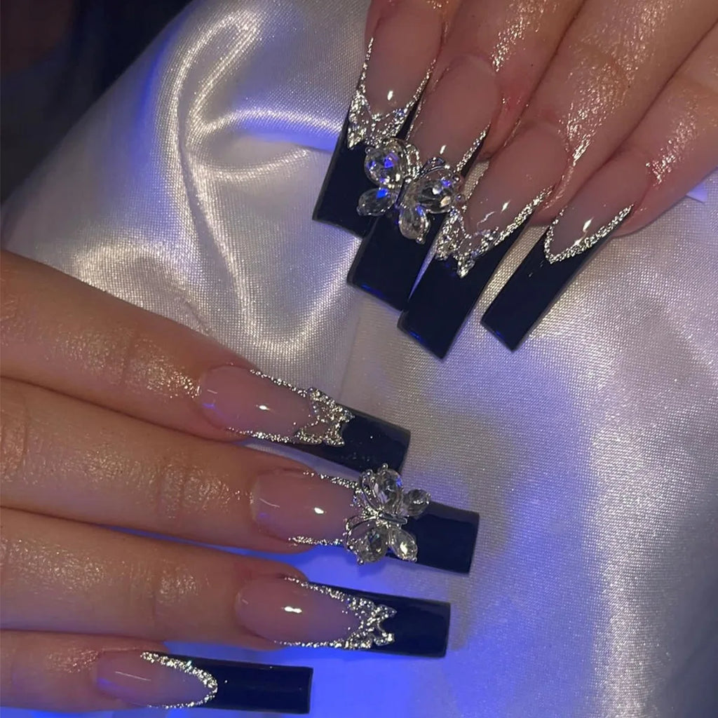 24 pièces – faux ongles longs carrés style français, design cœur 3D, ongles press-on avec strass, motif décoratif, faux ongles portables pour nail art