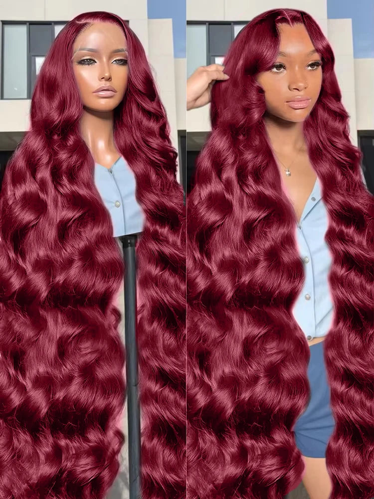 Sublime perruque bordeaux 99J en cheveux humains 100 % naturels avec texture Body Wave. Dentelle HD 13x4 ou 13x6 pour un effet cuir chevelu ultra réaliste. Ligne capillaire pré-épilée pour un rendu naturel, densité 200 %