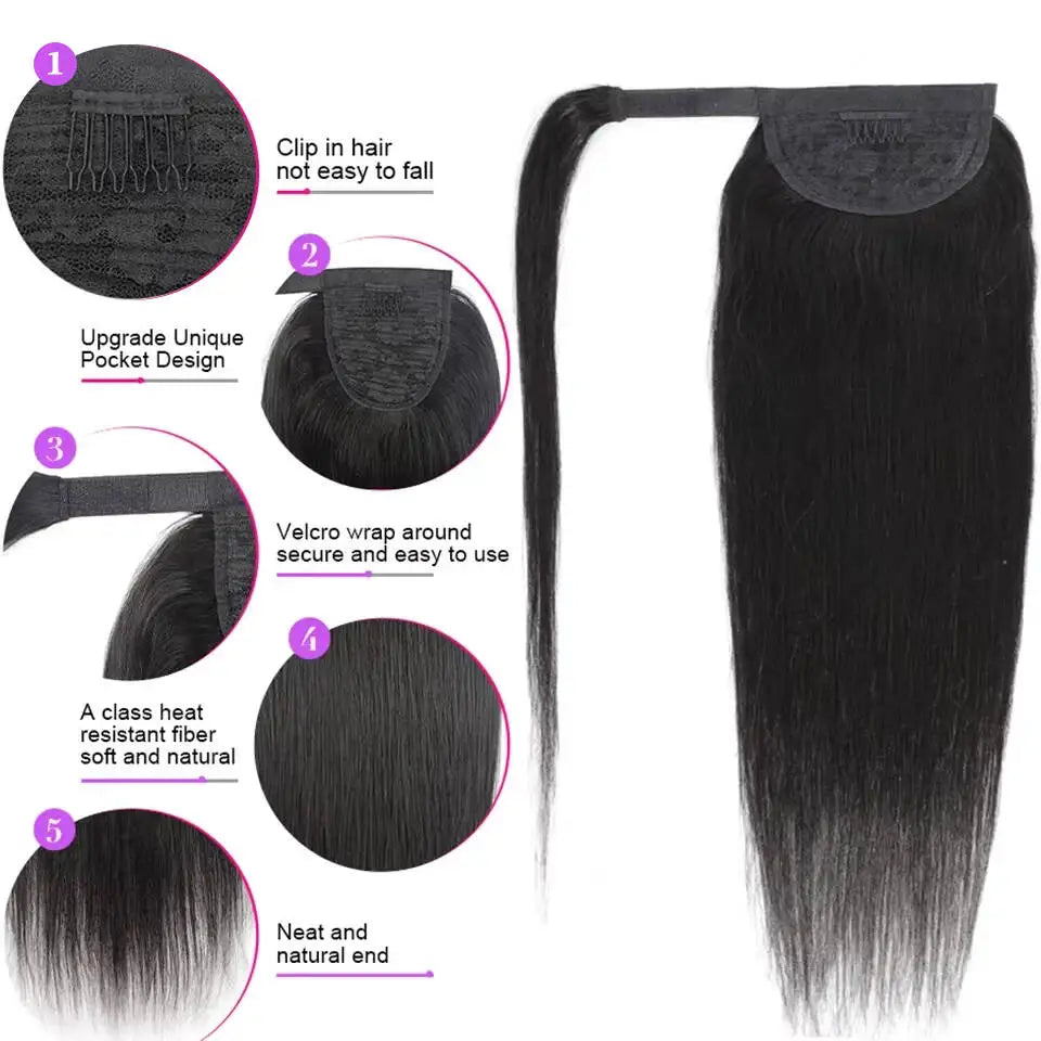 Extension de queue de cheval lisse à clip – cheveux humains 100 % Remy, couleur noir naturel, postiche queue de cheval pour femme