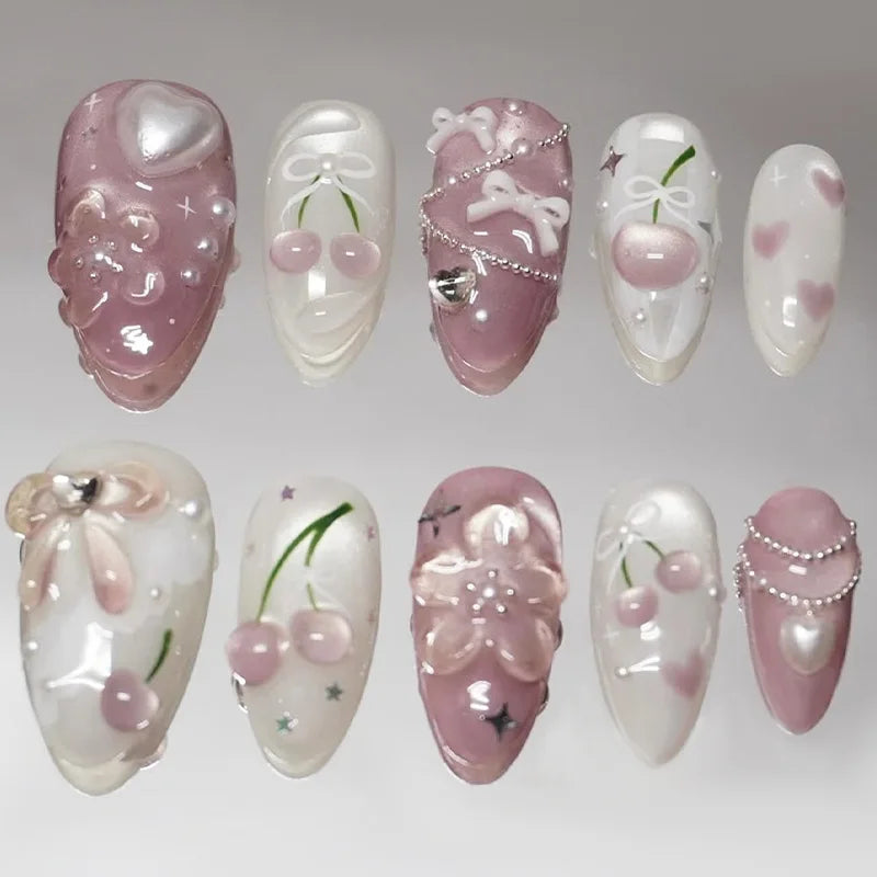 24 pièces mi-long doré amande ongles ensemble presse sur 3D fleur dégradé rose couverture complète faux ongles conseils perle réutilisable faux ongles