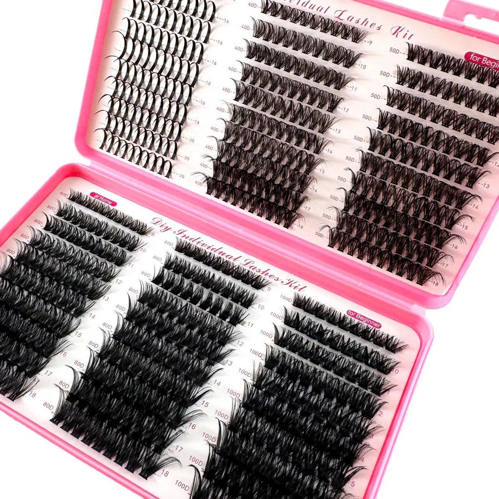 Faux cils en grappes individuelles Spikes 40/50/60/80/100D MIX – Lot de 580 pièces de faux cils épais, volumineux et effilés (wispy), avec une courbure D de 0,07 mm. Longueurs mélangées de 9 à 18 mm pour un effet naturel ou glamour selon le style souhaité