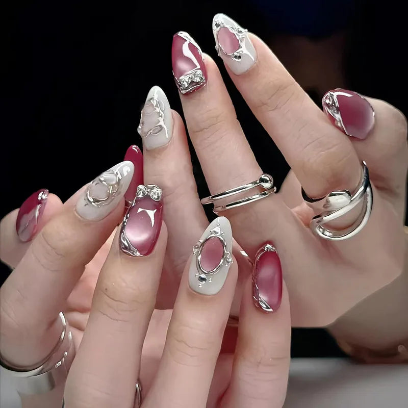24 pièces mi-long doré amande ongles ensemble presse sur 3D fleur dégradé rose couverture complète faux ongles conseils perle réutilisable faux ongles