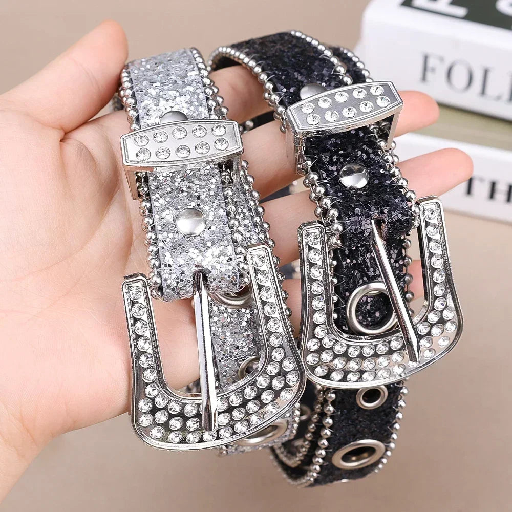 Ceinture femme mode Y2K – imprimé uni, cloutée, entièrement ornée de strass, en cuir PU, brillante style cristal, réglable, ceinture scintillante pour club et soirée