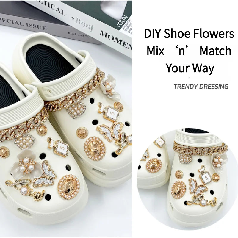 Nouvelle arrivée : pins, ensemble d’accessoires de chaussures amovibles avec chaîne papillon pour sabots. Décorations de chaussures florales au style luxueux, parfaites pour personnaliser vos chaussures, idée cadeau idéale.