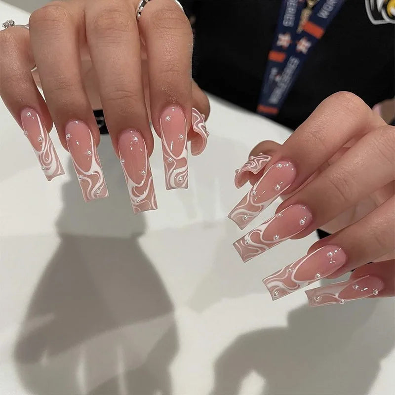 24 pièces – faux ongles longs carrés style français, design cœur 3D, ongles press-on avec strass, motif décoratif, faux ongles portables pour nail art